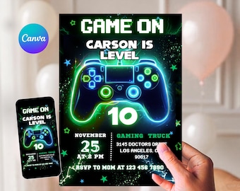 Invito per festa di videogiochi, invito di compleanno per gamer verde, invito di compleanno Level Up, modello per ragazzo gamer, modello Canva modificabile