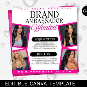 May include: A pink and white Canva template with the text "BRAND AMBASSADOR Wanted". The template includes images of women and lists requirements and benefits for brand ambassadors. The website address is included.