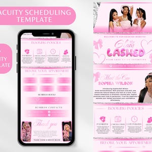 Könnte beinhalten: Ein rosa-weißes Acuity-Planungsvorlagendesign. Das Design umfasst ein Smartphone, das Buchungsrichtlinien anzeigt, und ein Website-Layout mit dem Text "Glam Lashed" und Bildern von Frauen. Die Vorlage dient zur Buchung von Dienstleistungen.