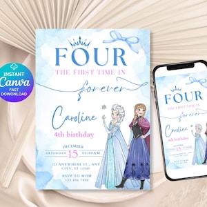 Frozen Theme Birthday Invitation, Girls Birthday Invite, Editable Template, Frozen Four The First Time In Forever Birthday Invitation DDS