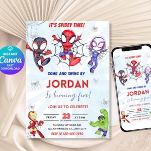 Aquarel Spidey en zijn geweldige vrienden sjabloon verjaardagsfeestje uitnodiging, superheld verjaardagsuitnodiging, bewerkbare afdrukbare kinderen uitnodigen, DDS