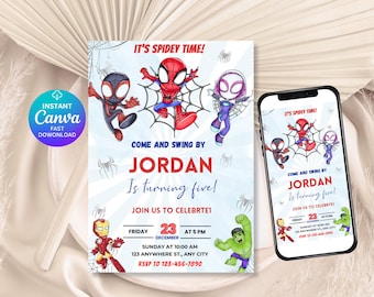 Watercolor Spidey and his Amazing Friends Birthday Party Invitation Template, Superhero Birthday Invite, Editable Printable Kids Invite, DDS