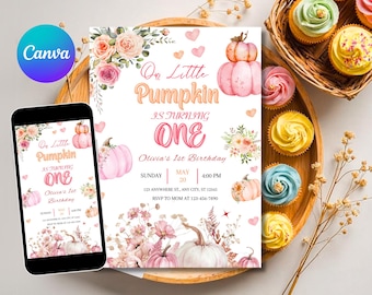 May include: A birthday invitation with the text "On Little Pumpkin is Turning One" in pink and orange. The invitation features watercolor pumpkins, flowers, and hearts. A smartphone displays the same design. Cupcakes with colorful frosting are in the background.
