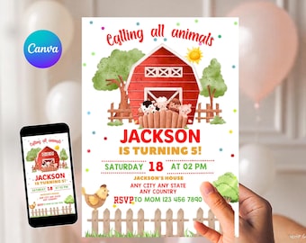 Editable Farm Birthday Invitation, Barnyard Animals Invitation, Farm Animals Invitation, Barn Animals Birthday Party Invite, Boy and Girl