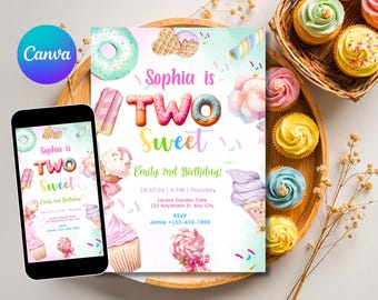 Two Sweet Birthday Invitation Girl Second Birthday Dessert Theme Invite Candy Donut Ice Cream Sweets Party Editable 2nd Birthday Template