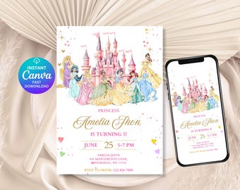 Prinzessin Geburtstags-Party Einladung | Bearbeitbare digitale Einladung | Magisches Prinzessinnen Theme | Prinzessin Mädchen-Geburtstagseinladung | Sofort Download
