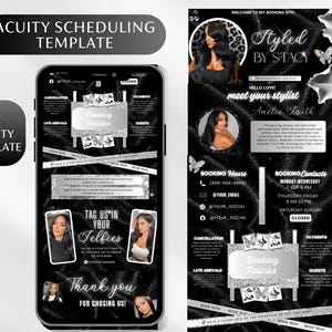 May include: A black and silver Acuity scheduling template for a hair stylist, featuring the text "Styled by Stacy" and "meet your stylist Amelia Smith." The template includes booking information, policies, and contact details.