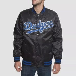 LA Dodgers Blaue Satin Varsity Bomberjacke Baseball Fanjacke im Vintage-Stil, Premium-Qualität