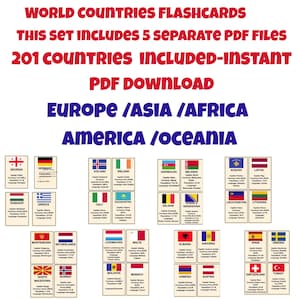 World Countries Flashcards/201 Countries /Geography Learning Cards/Capitals Currency Language Population/Instant Download/A4 Printable PDF