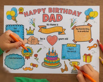 Kids DIY Birthday Card for Dad: Coloring Activity Worksheet (PDF ...