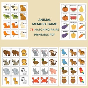 May include: A printable Animal Memory Game with 78 matching pairs. The game features illustrated cards with animals like sheep, bears, turtles, foxes, birds, and rabbits. Also included are cards with fruits and vegetables like pumpkins, watermelon, and carrots.