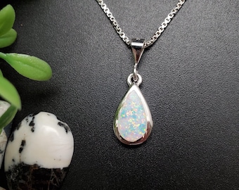 Z-230 | White Opal Teardrop Necklace Pendant Option Silver Chain | Sterling Silver White Opal Inlay Pendant | Teardrop Opal Pendant Necklace
