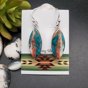 Z-079 | Unique Mohave Copper Spiny Oyster Turquoise Earrings | Multicolor Earrings | Copper Orange Spiny Oyster, Blue Turquoise Earrings