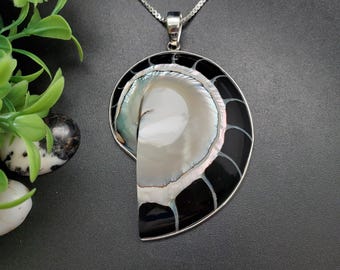 Z-318 | Colar com Pingente Exclusivo de Concha de Nautilus | Pingente de Nautilus em Prata de Lei | Pingente de Concha de Nautilus Preta em Prata 925 | Concha Natural