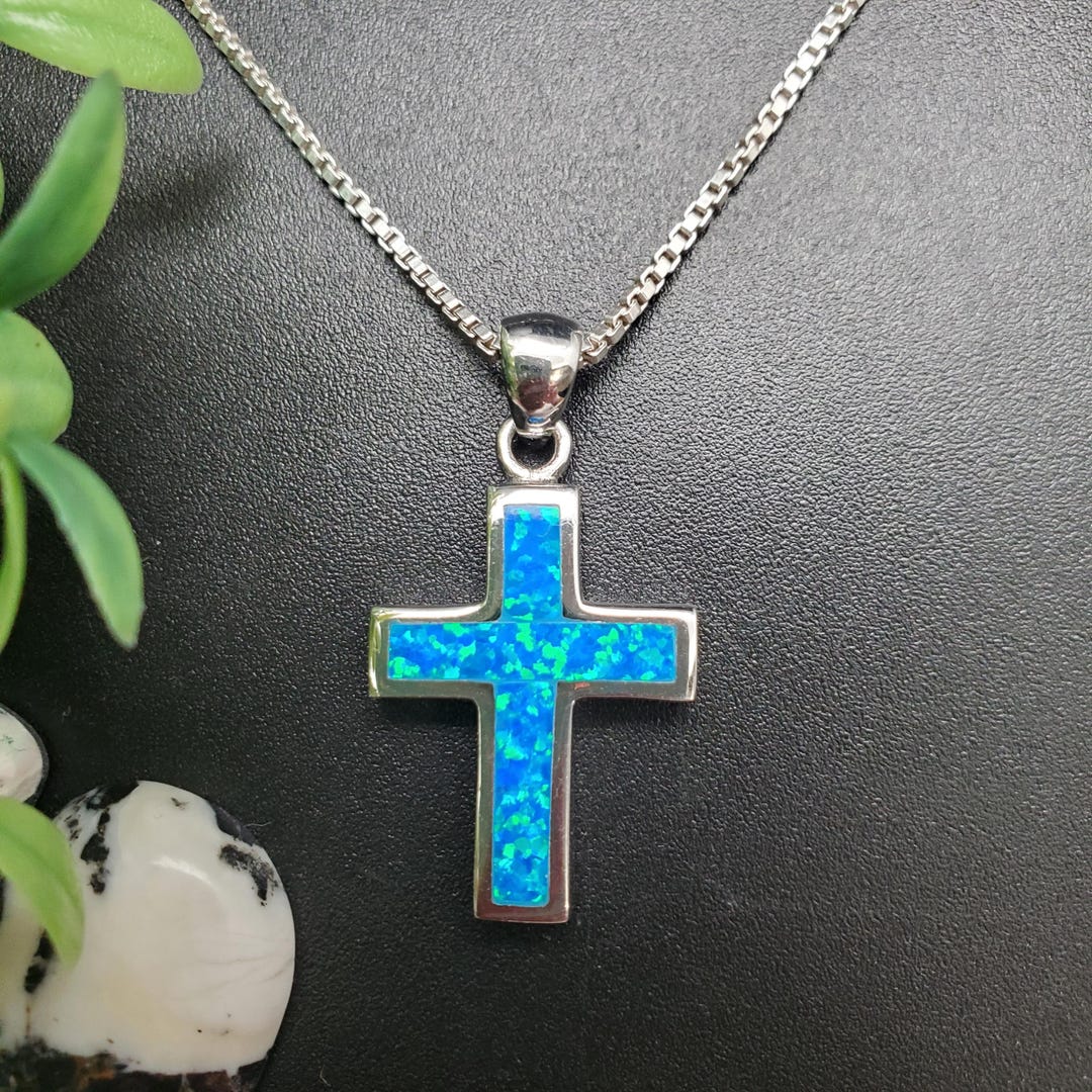 Z-241 | Blue Opal Jesus Cross Necklace Pendant | Solid Sterling Silver ...