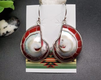 Z-327 | Big Red Nautilus Dangle Earrings | Sterling Silver Red Shell Drop Earrings | Silver Nautilus Jewelry | Big Nautilus Drop Earrings