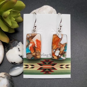 Z-080 | Unique Mohave Copper Spiny Oyster Turquoise Earrings | Multicolor Earrings | Copper Orange Spiny Oyster, Blue Turquoise Earrings