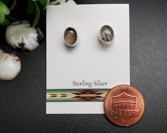 Z-421 | 6x8mm Oval Black Rutile Posts | Sterling Silver Rutile Quartz Gemstone Studs | Silver Black Rutile Quartz Earrings | Silver Posts