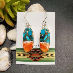 Z-078 | Unique Mohave Copper Spiny Oyster Turquoise Earrings | Multicolor Earrings | Copper Orange Spiny Oyster, Blue Turquoise Earrings