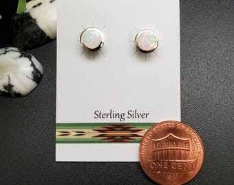 Z-482 | Dainty 6-7mm White Opal Posts | Small Round Fire Opal Studs | Sterling Silver Opal Earrings | Small Circle Opal Posts | Silver Posts