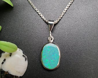 Z-222 | Lime Green Opal Oval Necklace Pendant Option Silver Chain | Sterling Silver Green Opal Inlay Pendant | Lovely Green Opal Necklace