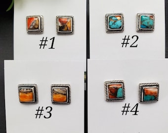 Z-467 / Postes cuadrados de turquesa espinosa naranja cobre de 9-10 mm / Postes cuadrados de turquesa espinosa naranja cobre de plata esterlina multicolor