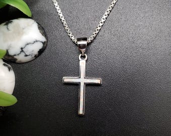 Z-159 | White Opal Jesus Cross Necklace Pendant | Sterling Silver Cross Pendant Option Silver Chain | Cross Pendant | Church Jewelry | Jesus