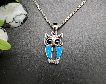 Z-163 | Dainty Blue Opal Owl Necklace Pendant | Solid Sterling Silver Blue Opal Owl Shape Pendant | Blue Opal Inlay Owl Necklace Pendant