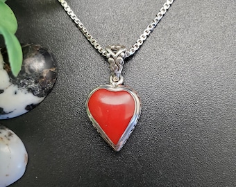 Z-297 | Dainty Red Coral Inlay Heart Necklace Pendant | Sterling Silver Heart Shape Pendant | Red Coral Heart Jewelry | Red Heart Pendant