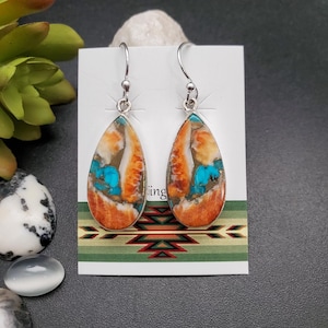 Z-075 | Unique Mohave Copper Spiny Oyster Turquoise Earrings | Multicolor Earrings | Copper Orange Spiny Oyster, Blue Turquoise Earrings