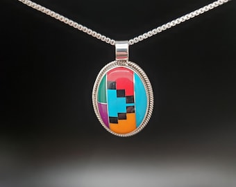Z-094 / Grande ciondolo con intarsio multicolore stile sud-ovest / Ciondolo in argento sterling con pietre multicolore / Ciondolo con intarsio a motivi / Ciondolo colorato