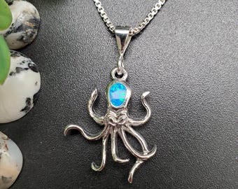 Z-200 | Blue Opal Octopus Necklace Pendant Option Silver Chain | Sterling Silver Octopus | Blue Squid Pendant | Sea Life Octopus Pendant