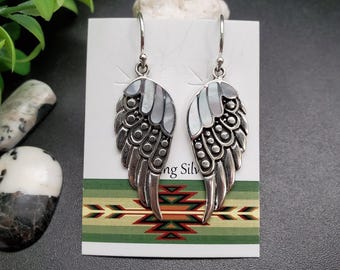 Z-267 / Pendientes colgantes de ala de ángel con incrustaciones de nácar blanco grande / Pendientes de plata de ley con incrustaciones de nácar blanco