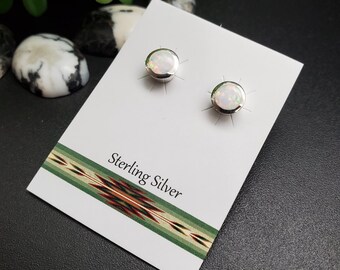 Z-483 | Dainty 6-7mm White Opal Posts | Small Round Fire Opal Studs | Sterling Silver Opal Earrings | Small Circle Opal Posts | Silver Posts