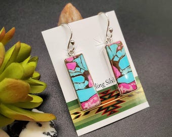 Z-064 | Rectangle Sterling Silver Cotton Candy Dangle Earrings | Mohave Multicolor Turquoise Earrings | Cotton Candy Earrings | Gift For Her