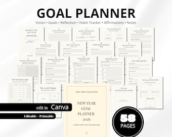 Planner degli obiettivi 2026: Vision Board, Habit Tracker (modello Canva)