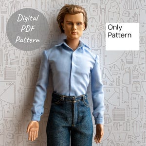 May include: A doll with brown hair wearing a light blue long-sleeve button-down shirt and dark blue denim jeans. The background features a white pattern with black line drawings of clothing templates and the text Digital PDF Pattern Only Pattern.