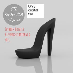 Puede incluir: Un modelo digital 3D negro de un zapato de plataforma con tacón alto. El texto en la imagen dice: STL file for SLA 3d print, Only digital file, Fashion Royalty Jenny Platform & Heel. Es un gráfico generado por computadora de un diseño de zapato.
