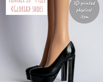 May include: Black platform high heels with thick heels. The shoes are glossy and have a rounded toe. The image includes the text "TONNER 16" TYLER «GLORIA» SHOES" and "3D-printed physical item".