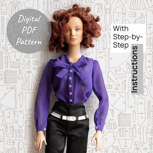 Bow Collar Blouse PDF Pattern for Tonner Tyler 16&quot; Female Doll + Sewing Instructions