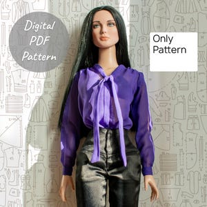 May include: A doll wearing a sheer purple blouse with a bow and black pants. The image includes the text "Digital PDF Pattern" and "Only Pattern". The background features a pattern of clothing designs.