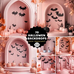 May include: A collection of Halloween-themed backdrops featuring pink arches, pumpkins, and black bat silhouettes. The image includes the text "70 Halloween Backdrops" and "300 DPI - Premium Quality". The overall aesthetic is soft and autumnal.