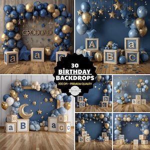 Puede incluir: Una colección de fondos de cumpleaños con globos azul marino y dorados, decoraciones de estrellas y lunas, y bloques de madera con letras. Los fondos están dispuestos en varias escenas, con el texto "30 BIRTHDAY BACKDROPS" y "HIGH QUALITY".
