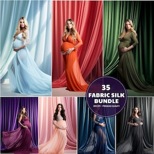 May include: A collection of maternity gowns in various colors, including light blue, orange, olive green, purple, peach, navy, and charcoal. The gowns are flowing and elegant, with long trains. The image includes the text "35 FABRIC SILK BUNDLE".