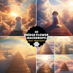 May include: Digital artwork showing a dog on a wooden bridge, set against a backdrop of clouds, rainbows, and a radiant sun. The image includes the text "10 Bridge Flower Backdrops" and "300 DPI - Premium Quality".