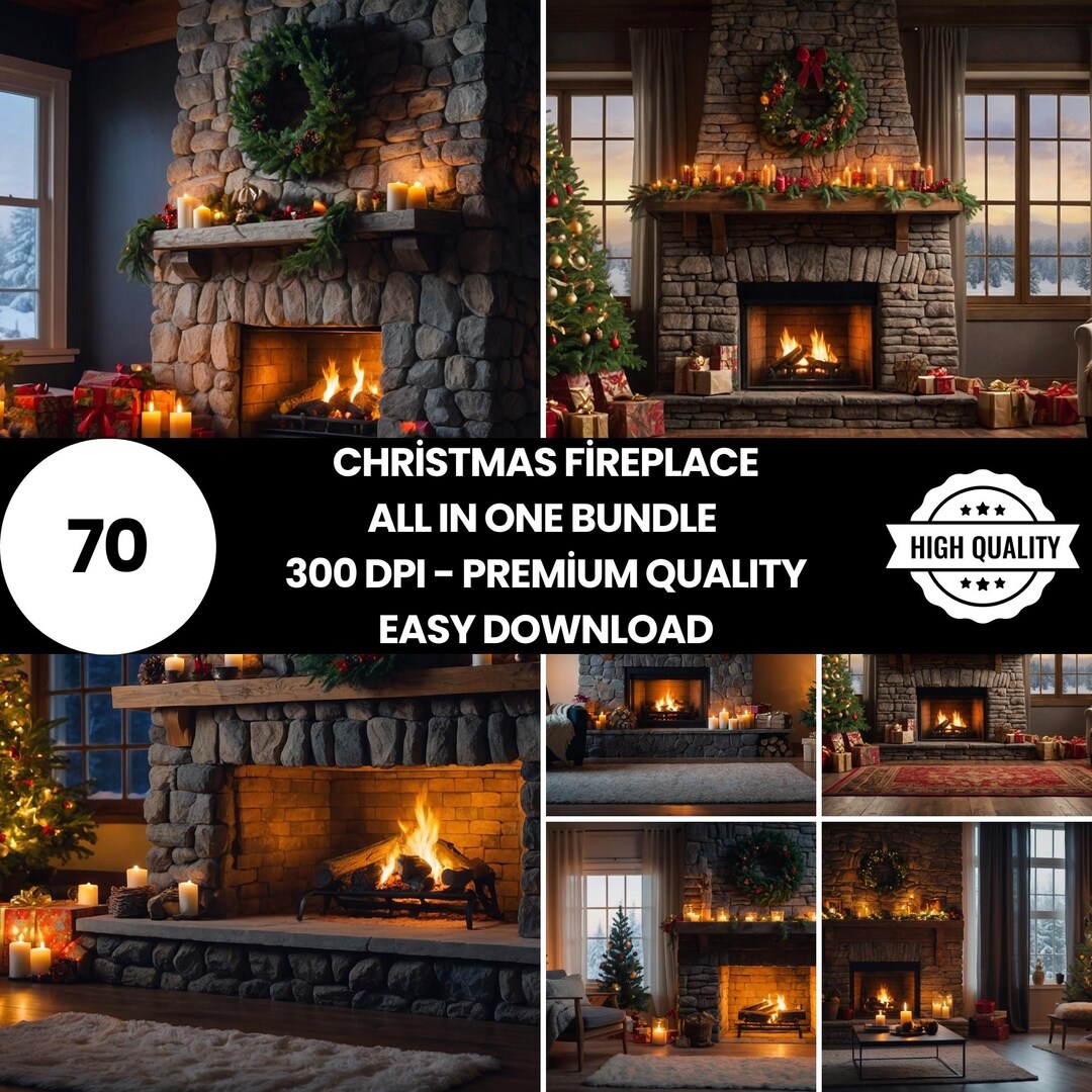 70 Christmas Fireplace Digital Backdrop Bundle, Cozy Winter Living Room ...