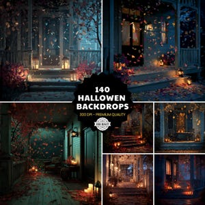 Könnte beinhalten: Eine Collage aus sechs digitalen Bildern mit Halloween-Themen-Szenen. Die Szenen zeigen fallende Blätter, beleuchtete Laternen und den Text "140 Halloween Backdrops" mit "300 DPI - Premium Quality" und einem "High Quality"-Abzeichen.
