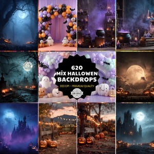 Puede incluir: Un collage de fondos temáticos de Halloween. Las imágenes incluyen un cementerio espeluznante, una luna llena, un caldero de bruja y un arco de globos con fantasmas y calabazas. El texto central dice "620 Mix Halloween Backdrops".