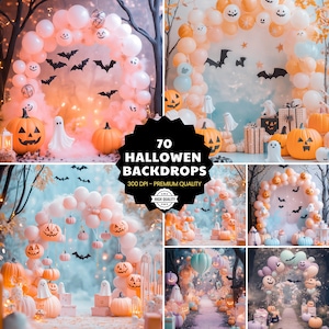 Puede incluir: Un collage de fondos de Halloween con arcos de globos, calabazas talladas, fantasmas y siluetas de murciélagos. Las imágenes tienen una estética suave y soñadora con colores pastel y un ambiente festivo. El texto "70 Halloween Backdrops" es visible.