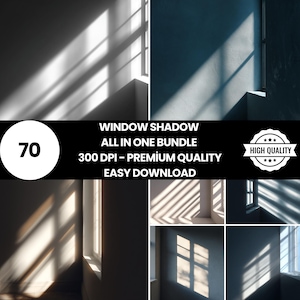 Puede incluir: Colección de imágenes que muestran sombras de ventanas en paredes. Las imágenes presentan diferentes ángulos e iluminación, con el texto "WINDOW SHADOW ALL IN ONE BUNDLE" y "EASY DOWNLOAD". Imágenes de alta calidad.